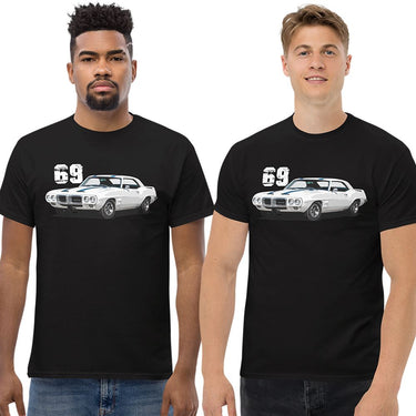 Men wearing a 69 Firebird Trans Am T-Shirt in Black From Aggressive Thread